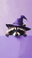 Expressive Oil Painting of a Cute Raccoon Wearing a Purple Witch Hat, Peeking Over a Lavender Surface.