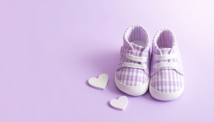 Soft Purple Gingham Baby Booties and Hearts on Lilac Background. High-Key Minimalist Newborn Announcement Image.