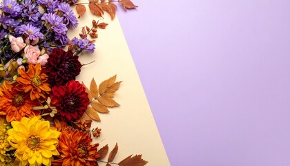 Fall Dahlia and Aster Bouquet Flat Lay Background with Negative Space on Lavender and Cream.