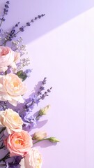 Vertical Flat Lay: Romantic Pink Roses and Lavender Frame on Soft Purple Background with Natural Shadow