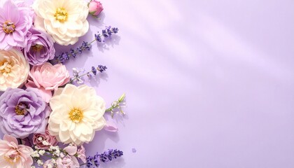 Soft Lavender Background Flat Lay with Elegant Pink, White, and Purple Flowers and Natural Sunlight Shadows