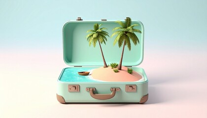 Portable Paradise: 3D Render of a Miniature Tropical Island, Palm Trees, and Beach Ocean Inside a Pastel Vintage Suitcas