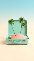 Pastel Travel Fantasy: Miniature Tropical Island with Palm Trees and Pink Sand Inside a Mint Suitcase