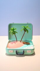 Summer Escape Concept: Miniature Tropical Island with Pink Sand and Palm Trees Inside a Mint Green Suitcase.