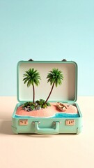 Portable Paradise: Tropical Island Miniature Inside an Open Vintage Suitcase with Palm Trees and Pink Sand.