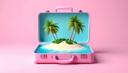 Pastel Pink Suitcase Revealing Miniature Tropical Island Beach Scene: Vacation Concept, 3D Render on Solid Pink Backgrou