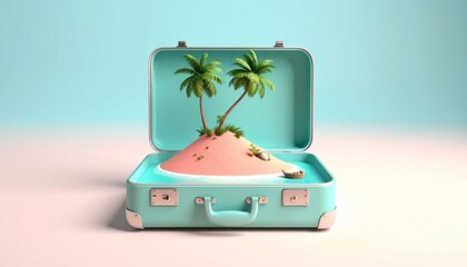 Miniature Tropical Island in Open Pastel Suitcase - 3D Rendered Concept for Travel, Escape, and Summer Vacation