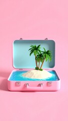 Portable Pink Paradise: Surreal 3D Miniature Tropical Island and Ocean Scene in a Vintage Suitcase