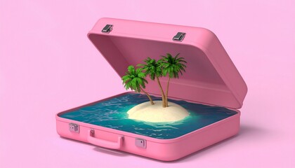 Surreal Travel Fantasy: Tropical Island Miniature in a Pink Open Suitcase | 3D Render Concept