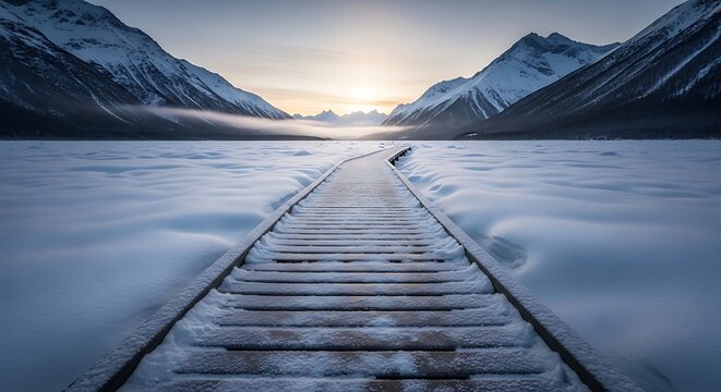 Scenic wooden path leads to snowy mountains in winter landscape