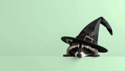 Adorable Raccoon in Witch Hat Peeking | Funny Halloween Animal Costume Portrait on Mint Green Background
