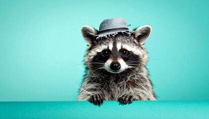 Adorable Raccoon Wearing a Tiny Straw Fedora Hat in a Bright Turquoise Studio Portrait.