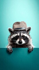 Funny Raccoon Wearing Fedora Hat Peeking Over Blank Teal Sign Board with Copy Space - High Detail Studio Portrait