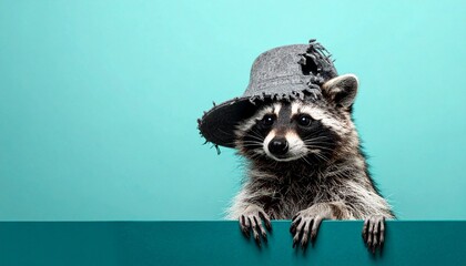 Cute Bandit: Raccoon in a Ripped Hat Peeking Over a Teal Edge | Funny Studio Portrait