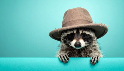 Whimsical Raccoon Character Portrait in a Fedora Hat Peeking Over a Ledge Against a Bright Teal Background