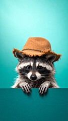 Whimsical Raccoon in Cowboy Hat Peeking Over Dark Teal Board on Bright Teal Background with Vertical Copy Space