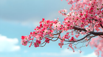 Delicate pink dogwood blossoms bloom against a soft blue sky with wispy clouds, signaling the arrival of spring.