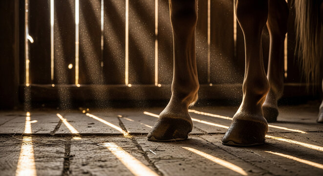 Stable Morning: Horse Hooves and Sunlight Stripes on Wood Floor
A close-up, low-angle photograph capturing the lower legs and hooves of a horse standing inside a wooden stable or barn - Powered by Adobe