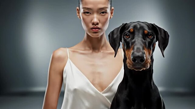 Elegant woman doberman dog portrait studio model poised confident slim white silk dress large black