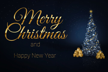 Elegant Christmas greeting card featuring a decorated Christmas tree against a starry night background. Golden gift boxes are placed under the tree.&ldquo;Merry Christmas&rdquo;appears in luxurious gold lettering