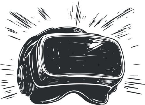 Vintage style vector illustration of a virtual reality headset with dynamic lines, ideal for technology and gaming themes.