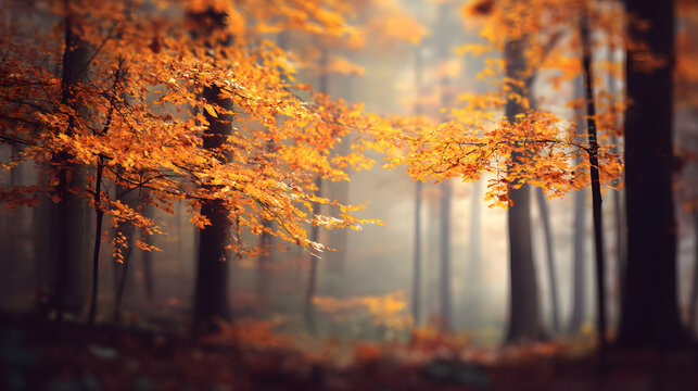 Golden autumn leaves glow in a misty forest, creating a serene and magical atmosphere.