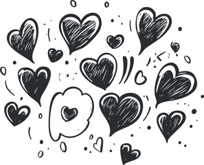 Hand-drawn vector illustration of various heart shapes and doodles for romantic and playful design projects