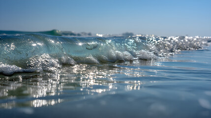 Sparkling ocean wave cresting with sunlight reflecting on the water surface.