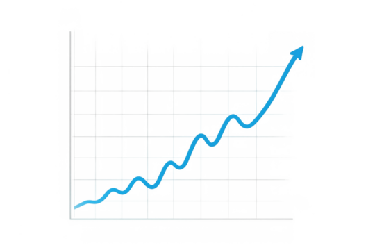 Blue wavy line graph showing positive upward trend, growth, progress, and success, transparent background