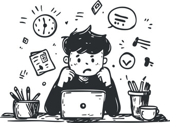Hand-drawn vector illustration of a stressed young adult working on a laptop with various distractions in a modern workspace.