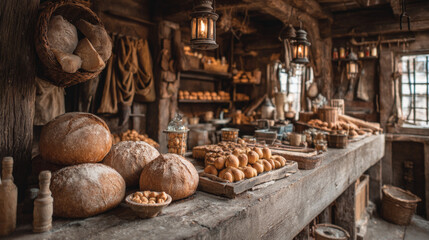 Rustic bakery with fresh bread and warm pastries on display.