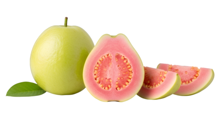 Fresh tropical guava fruit, whole and cut in half showing vibrant pink flesh and edible seeds, alongside ripe slices, rich texture, isolated on a clean transparent background