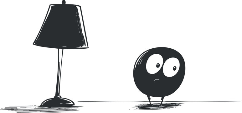 Whimsical black and white vector illustration featuring a quirky character beside a lamp, ideal for home decor and design projects