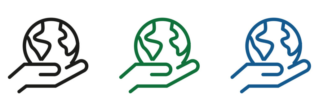Hands holding the earth globe, save our planet, eco friendly, environmental protection, climate change, green energy solutions, line art