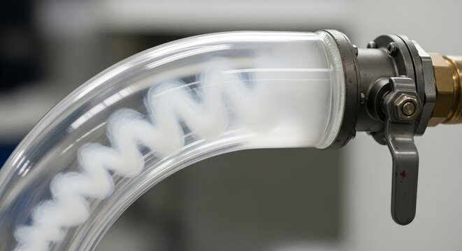 Close-up of Clear Industrial Pipe with Internal Spiral for Flow Control.
A detailed, horizontal close-up shot of a section of clear, curved industrial piping, likely made of reinforced plastic 