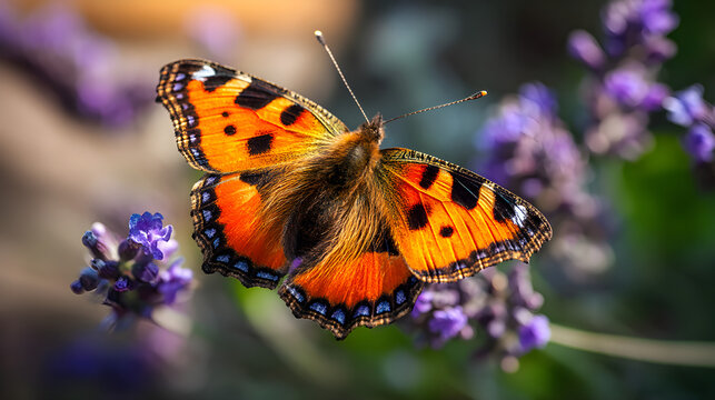Vibrant butterfly with intricate wing patterns rests on delicate purple lavender flowers in soft sunlight