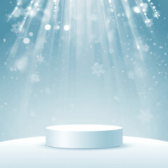 Winter product display stage with falling snow and bright lights