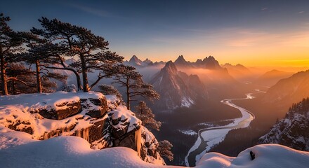 Scenic winter landscape with snow covered mountains and a winding river