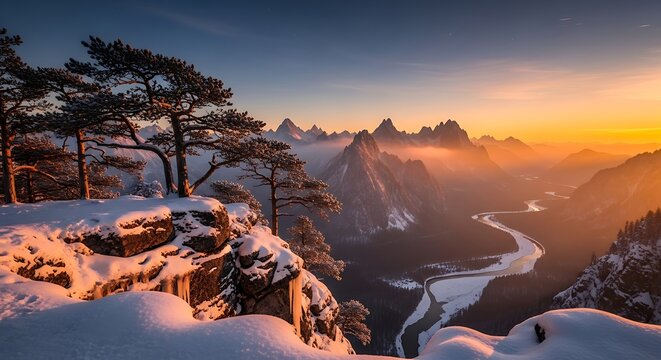 Scenic winter landscape with snow covered mountains and a winding river