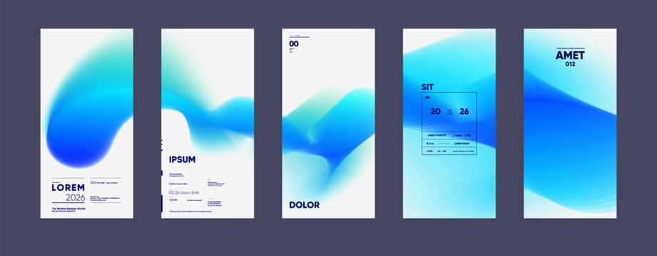 A set of five modern, abstract posters featuring smooth, flowing blue and teal gradients on a white background. Each design includes minimalist text elements, creating a sleek and contemporary