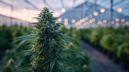 Cinematic macro shot, focus on a single cannabis bud sparkling in the setting sun, background filled with softly blurred rows of potted plants and glowing greenhouse beams.