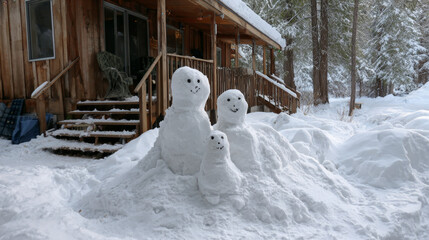 Snowman family built by children in front of a cozy cabin.