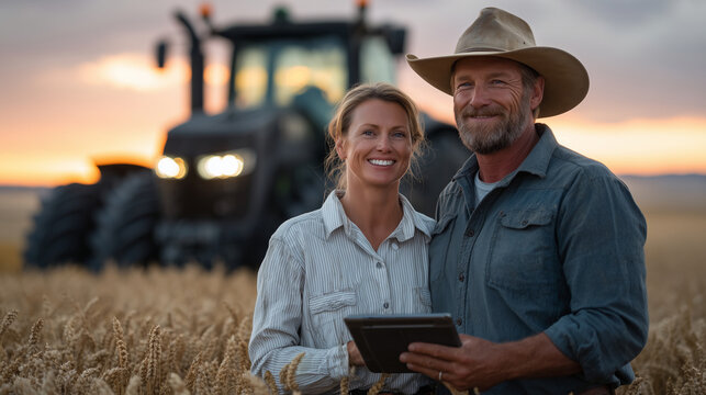 Farmer couple stands in a glowing golden wheat field at sunset, warm amber light illuminating their faces as they review crop data on digital tablets; behind them a tractor moves s