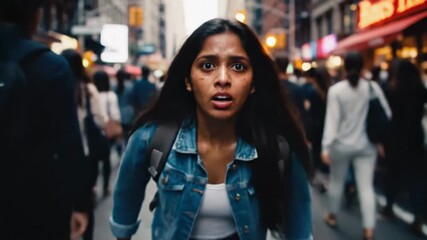 Young woman stunned in busy downtown avenue with backpack wide eyes and open mouth, pedestrians rushing past neon storefronts and evening glow lost traveler vibe cinematic portrait focus expression