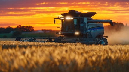 Fototapeta premium Close, low-angle shot of a combine harvesting brilliant golden wheat, with the sunset sky exploding in warm colors behind it; swirling dust and chaff create a dramatic atmosphere a