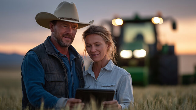 Cinematic scene of farmer couple reviewing precise farming metrics on tablets, standing shoulder-to-shoulder in a vibrant wheat field; the setting sun casts long shadows while a tr
