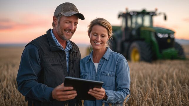 Husband and wife farmers examine real-time analytics on tablets while surrounded by tall sunlit wheat; the orange-pink sky reflects on the machinery as a tractor plows in the dista