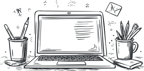 Hand-drawn vector illustration of a modern workspace featuring a laptop, stationery, and creative elements for design projects