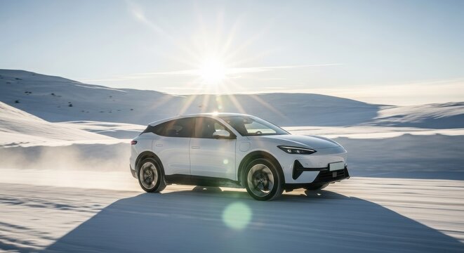 Dynamic Shot of White Electric Crossover Driving on Snowy Arctic Road at Sunrise