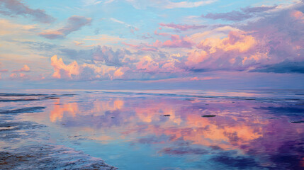 Soft pastel sky mirrored on wet sand during low tide.